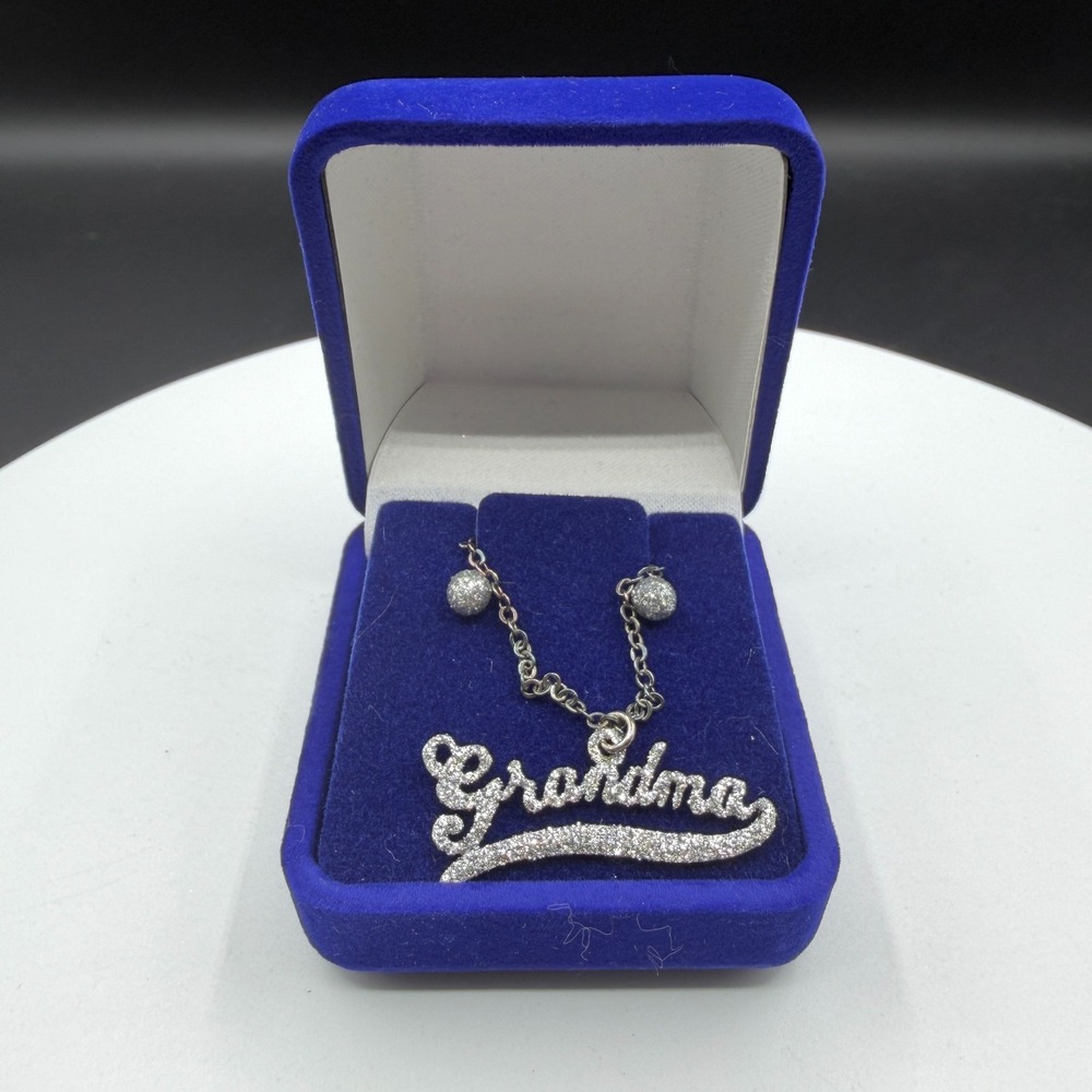 Grandma Rhinestone Script Pendant Necklace Silver Tone Statement Gift for Her